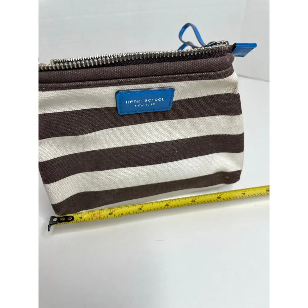 Henri Bendel Cosmetic Bag Brown White Stripe Blue Strap